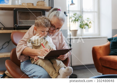Grandmother looking fairytale with her grandson on digital tablet. Grandmother looking fairytale with her grandson on digital tablet. 102480648