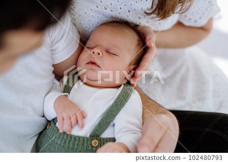 Close up of mother and father holding their newborn baby. 102480793