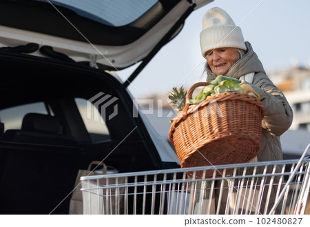 Senior woman giving his purchase in electric car trunk. Senior woman giving his purchase in electric car trunk. 102480827