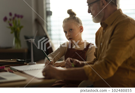 Senior man doing homework with his granddaughter. Senior man doing homework with his granddaughter. 102480855