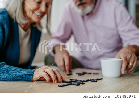 Senior couple playing dominoes game in their home. Senior couple playing dominoes game in their home. 102480971