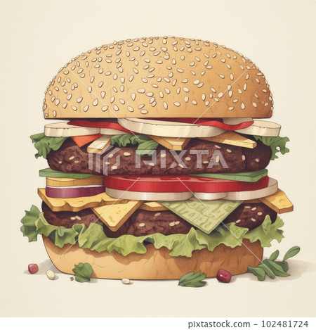 Juicy burger painting on abstract background. Delicious American takeaway street food with meat made on grill. Fast-casual snack. AI generated artistic drawing of cheeseburger. Juicy burger painting on abstract background. Delicious American takeaway street food with meat made on grill. Fast-casual snack. AI generated artistic drawing of cheeseburger. 102481724