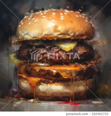 Juicy burger painting on abstract background. Delicious American takeaway street food with meat made on grill. Fast-casual snack. AI generated artistic drawing of cheeseburger. Juicy burger painting on abstract background. Delicious American takeaway street food with meat made on grill. Fast-casual snack. AI generated artistic drawing of cheeseburger. 102481725