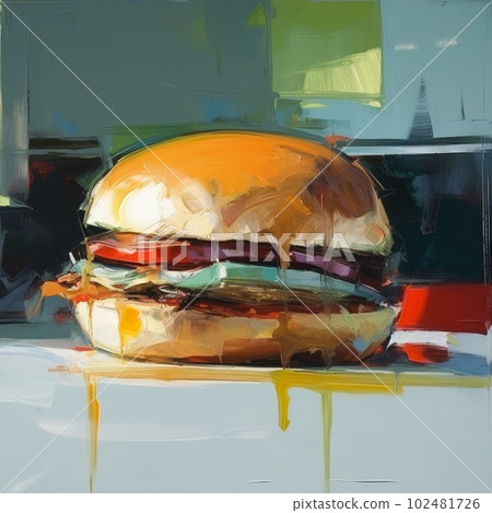 Juicy burger painting on abstract background. Delicious American takeaway street food with meat made on grill. Fast-casual snack. AI generated artistic drawing of cheeseburger. Juicy burger painting on abstract background. Delicious American takeaway street food with meat made on grill. Fast-casual snack. AI generated artistic drawing of cheeseburger. 102481726