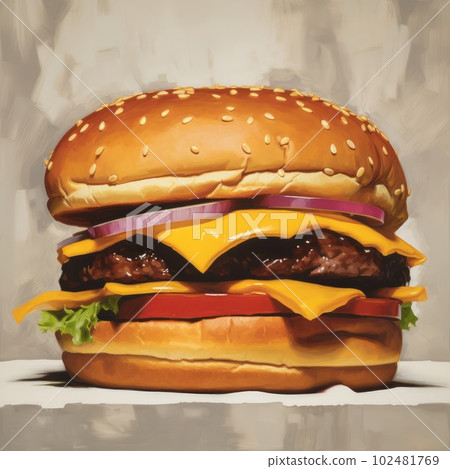 Juicy burger painting on abstract background. Delicious American takeaway street food with meat made on grill. Fast-casual snack. AI generated artistic drawing of cheeseburger. Juicy burger painting on abstract background. Delicious American takeaway street food with meat made on grill. Fast-casual snack. AI generated artistic drawing of cheeseburger. 102481769