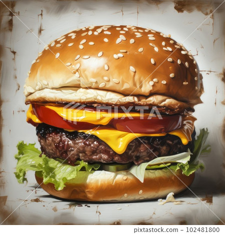 Juicy burger painting on abstract background. Delicious American takeaway street food with meat made on grill. Fast-casual snack. AI generated artistic drawing of cheeseburger. 102481800