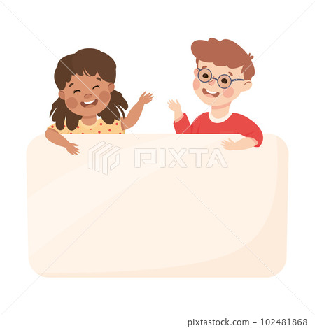 Two happy boy and girl standing behind white blank banner, board, placard cartoon vector illustration Two happy boy and girl standing behind white blank banner, board, placard cartoon vector illustration 102481868