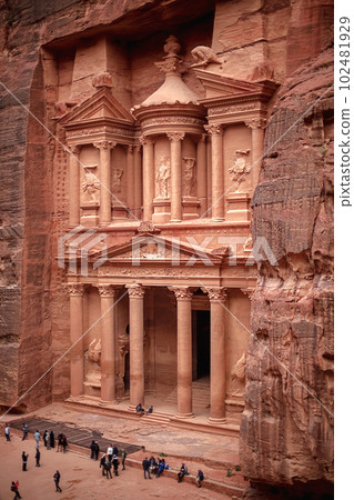 View of the Al-Khazneh Palace or Treasury in Petra, Jordan. View of the Al-Khazneh Palace or Treasury in Petra, Jordan. 102481929