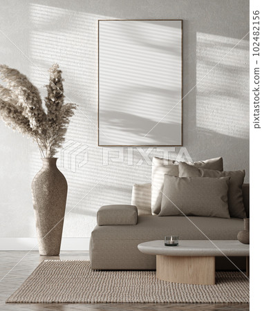 Contemporary classic white beige interior with furniture, dry leaves in vase and decor. 3d rendering illustration mockup. High quality 3d illustration 102482156