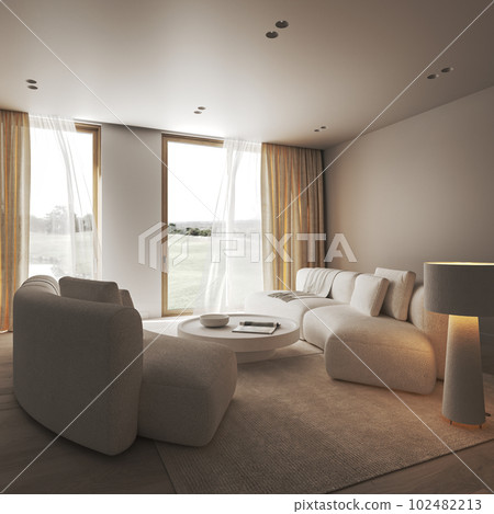 Creative modern interior living room with warm illumination, stone round table and large white lamp. Beautiful nature view and ceiling lamp. 3d rendering mock up. High quality 3d illustration 102482213