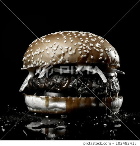 Juicy burger photorealistic illustration on abstract background. Delicious American takeaway street food with meat made on grill. Fast-casual snack. AI generated realistic illustration of cheeseburger Juicy burger photorealistic illustration on abstract background. Delicious American takeaway street food with meat made on grill. Fast-casual snack. AI generated realistic illustration of cheeseburger 102482415