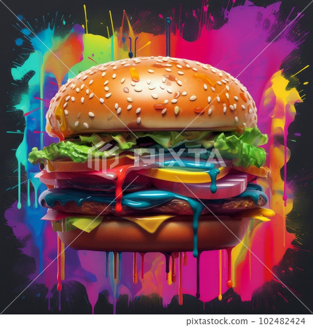 Juicy burger painting on abstract background. Delicious American takeaway street food with meat made on grill. Fast-casual snack. AI generated artistic drawing of cheeseburger. 102482424