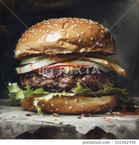 Juicy burger illustration on abstract background. Delicious American takeaway street food with meat made on grill. Fast-casual snack. AI generated realistic illustration of cheeseburger. Juicy burger illustration on abstract background. Delicious American takeaway street food with meat made on grill. Fast-casual snack. AI generated realistic illustration of cheeseburger. 102482436