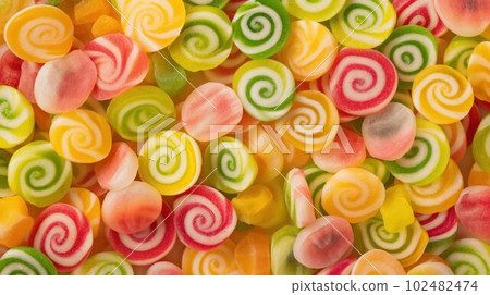 Sweet Sour Candy Photorealistic Horizontal Background. Sweet Dessert From Confectionery. Ai Generated Hyperrealistic Background with Delicious Flavory Sour Candy. Sweet Sour Candy Photorealistic Horizontal Background. Sweet Dessert From Confectionery. Ai Generated Hyperrealistic Background with Delicious Flavory Sour Candy. 102482474