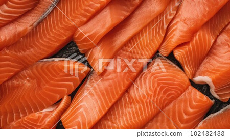 Fresh Organic Salmon Fish Photorealistic Horizontal Background. Healthy Seafood Diet. Ai Generated Hyperrealistic Background with Delicious Gourmet Salmon Fish. 102482488