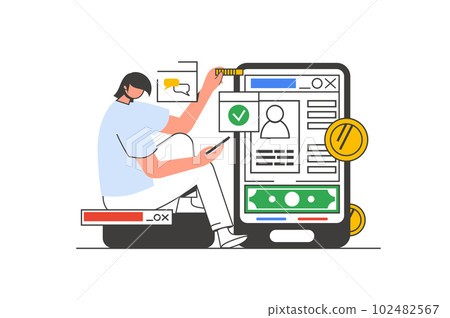 Mobile banking outline web concept with character scene. Man manages personal financial account in app. People situation in flat line design. Vector illustration for social media marketing material. 102482567