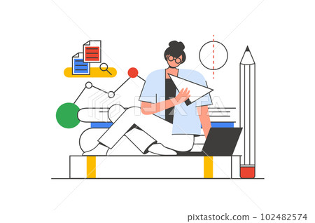 Back to school outline web concept with character scene. Student studying online and making homework. People situation in flat line design. Vector illustration for social media marketing material. 102482574