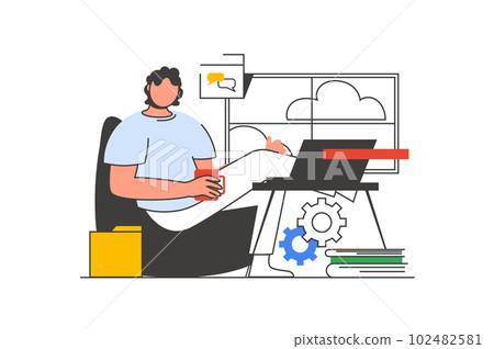 Freelance work outline web concept with character scene. Man doing tasks at laptop and connecting online. People situation in flat line design. Vector illustration for social media marketing material. 102482581