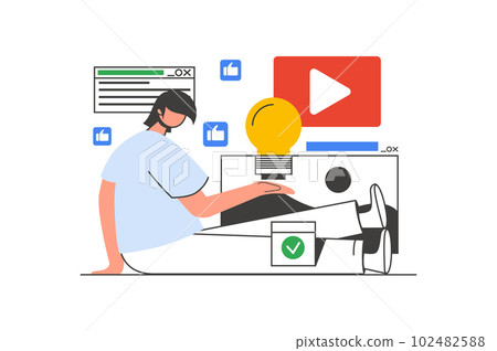 Marketing outline web concept with character scene. Man creating viral content and making advertising. People situation in flat line design. Vector illustration for social media marketing material. 102482588