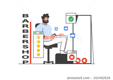 Barbershop outline web concept with character scene. Man gets haircut, styling, beard grooming at salon. People situation in flat line design. Vector illustration for social media marketing material. 102482626