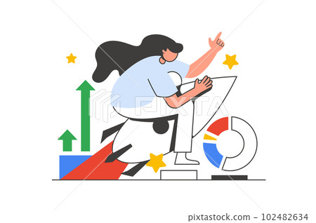 Business startup outline web concept with character scene. Woman launches new company, achieves goals. People situation in flat line design. Vector illustration for social media marketing material. 102482634