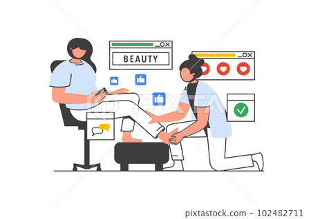 Beauty salon outline web concept with character scene. Woman getting procedure of foot massage in spa. People situation in flat line design. Vector illustration for social media marketing material. 102482711