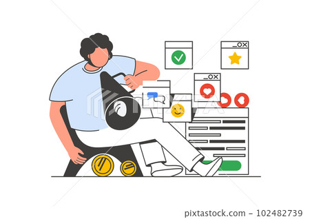 Social media marketing outline web concept with character scene. Man promoting online, make ad campaign. People situation in flat line design. Vector illustration for social media marketing material. 102482739