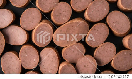 Delicious Liverwurst Meat Product Photorealistic Horizontal Background. Savory Food, Gourmet Appetizer. Ai Generated Hyperrealistic Background with Delicious Deli Liverwurst Meat Product. Delicious Liverwurst Meat Product Photorealistic Horizontal Background. Savory Food, Gourmet Appetizer. Ai Generated Hyperrealistic Background with Delicious Deli Liverwurst Meat Product. 102482937