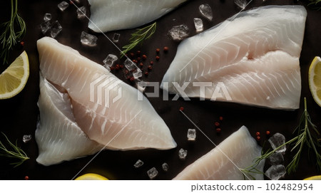 Fresh Organic Halibut Fish Photorealistic Horizontal Background. Healthy Seafood Diet. Ai Generated Hyperrealistic Background with Delicious Gourmet Halibut Fish. 102482954