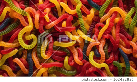 Sweet Gummy Worms Candy Photorealistic Horizontal Background. Sweet Dessert From Confectionery. Ai Generated Hyperrealistic Background with Delicious Flavory Gummy Worms Candy. Sweet Gummy Worms Candy Photorealistic Horizontal Background. Sweet Dessert From Confectionery. Ai Generated Hyperrealistic Background with Delicious Flavory Gummy Worms Candy. 102482955