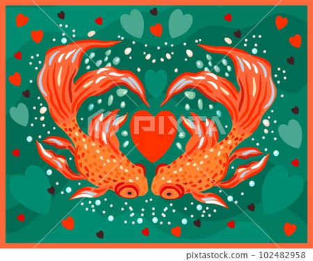 Vector bright decorative illustration of two golden fishes with a heart on aquamarine background. Love concept. Vector bright decorative illustration of two golden fishes with a heart on aquamarine background. Love concept. 102482958