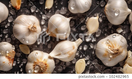 Fresh Organic Garlic Vegetable Photorealistic Horizontal Background. Healthy Vegetarian Diet. Ai Generated Hyperrealistic Background with Delicious Juicy Garlic Vegetable. 102482965