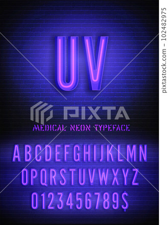 UV sign and ultraviolet neon box font with numbers on vector dark brick wall background. Medical night light alphabet glow effect 102482975