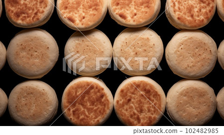 Freshly Baked English Muffin Photorealistic Horizontal Background. Crusty Pastry, Gourmet Bakery. Ai Generated Hyperrealistic Background with Aromatic Traditional English Muffin . 102482985