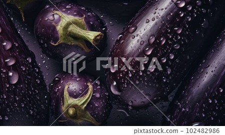 Fresh Organic Eggplant Vegetable Photorealistic Horizontal Background. Healthy Vegetarian Diet. Ai Generated Hyperrealistic Background with Delicious Juicy Eggplant Vegetable. 102482986