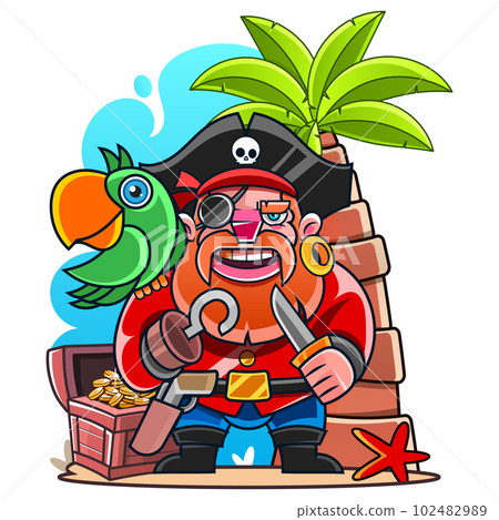 Cutout silhouette of the captain of a pirate ship in a hat with a skull and crossbones. Bearded pirate 102482989