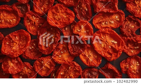 Organic Dried Tomatoes Vegetable Photorealistic Horizontal Background. Healthy Vegetarian Energy Snack. Ai Generated Hyperrealistic Background with Delicious Chewy Dried Tomatoes Vegetable. Organic Dried Tomatoes Vegetable Photorealistic Horizontal Background. Healthy Vegetarian Energy Snack. Ai Generated Hyperrealistic Background with Delicious Chewy Dried Tomatoes Vegetable. 102482990