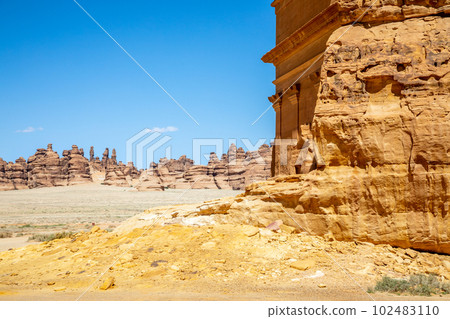 Entrance to the Tomb of Lihyan, son of Kuza carved in rock in the desert,  Mada'in Salih, Hegra, Saudi Arabia 102483110