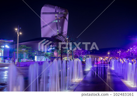 Illuminated fountains and modern building in the background, Al Khobar, Saudi Arabia 102483161