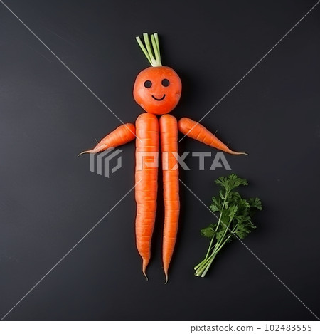 Unusual carrot in the shape of a man, close-up, cheerful illustration for packaging design Unusual carrot in the shape of a man, close-up, cheerful illustration for packaging design 102483555
