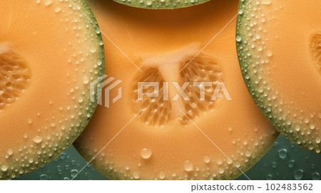 Fresh Organic Cantaloupe Fruit Photorealistic Horizontal Background. Healthy Vegetarian Diet. Ai Generated Hyperrealistic Background with Delicious Juicy Cantaloupe Fruit. 102483562