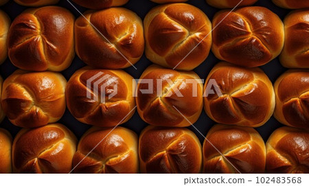 Freshly Baked Brioche Photorealistic Horizontal Background. Crusty Pastry, Gourmet Bakery. Ai Generated Hyperrealistic Background with Aromatic Traditional Brioche . Freshly Baked Brioche Photorealistic Horizontal Background. Crusty Pastry, Gourmet Bakery. Ai Generated Hyperrealistic Background with Aromatic Traditional Brioche . 102483568