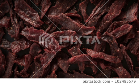 Delicious Beef Jerky Meat Product Photorealistic Horizontal Background. Savory Food, Gourmet Appetizer. Ai Generated Hyperrealistic Background with Delicious Deli Beef Jerky Meat Product. Delicious Beef Jerky Meat Product Photorealistic Horizontal Background. Savory Food, Gourmet Appetizer. Ai Generated Hyperrealistic Background with Delicious Deli Beef Jerky Meat Product. 102483579