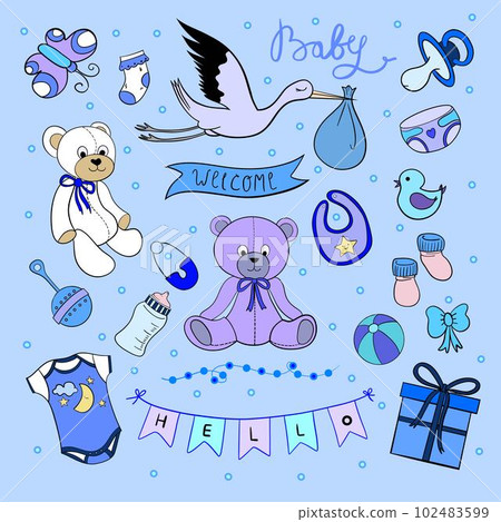 Vector stickers collection for gender party. It's a boy stickerpak. Cards for boy on blue background, gender reveal baby shower Vector stickers collection for gender party. It's a boy stickerpak. Cards for boy on blue background, gender reveal baby shower 102483599