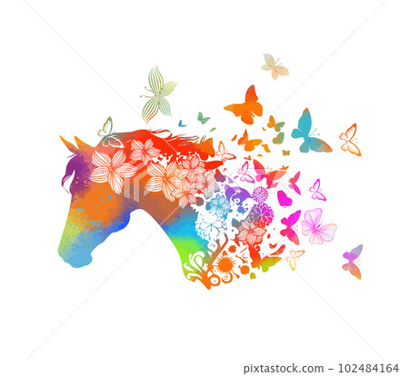 Horse head silhouette from flowers and butterflies. Vector illustration Horse head silhouette from flowers and butterflies. Vector illustration 102484164