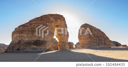 Sandstone elephant rock erosion monolith standing in the desert, Al Ula, Saudi Arabia 102484435