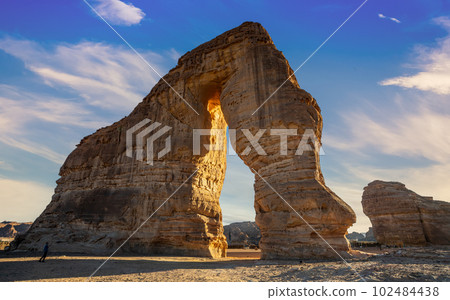 Sandstone elephant rock erosion monolith standing in the desert, Al Ula, Saudi Arabia 102484438