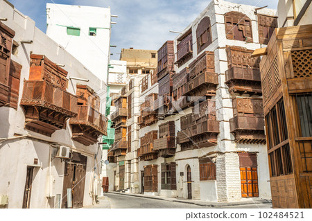 Al-Balad old town with traditional muslim houses with wooden windows, Jeddah, Saudi Arabia 102484521