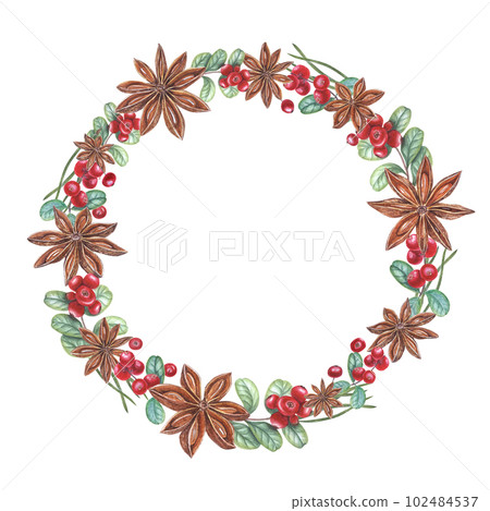 Watercolor wreath of star anise, cowberry, pine needles isolated on white background. Botanical illustration for postcard design, invitation template, birthday, wedding, Christmas and New Year cards 102484537