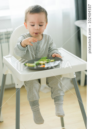 Happy baby sitting in high chair eating fruit in kitchen. Healthy nutrition for kids. Bio carrot as first solid food for infant. Children eat vegetables. Little boy biting raw vegetable. 102484587
